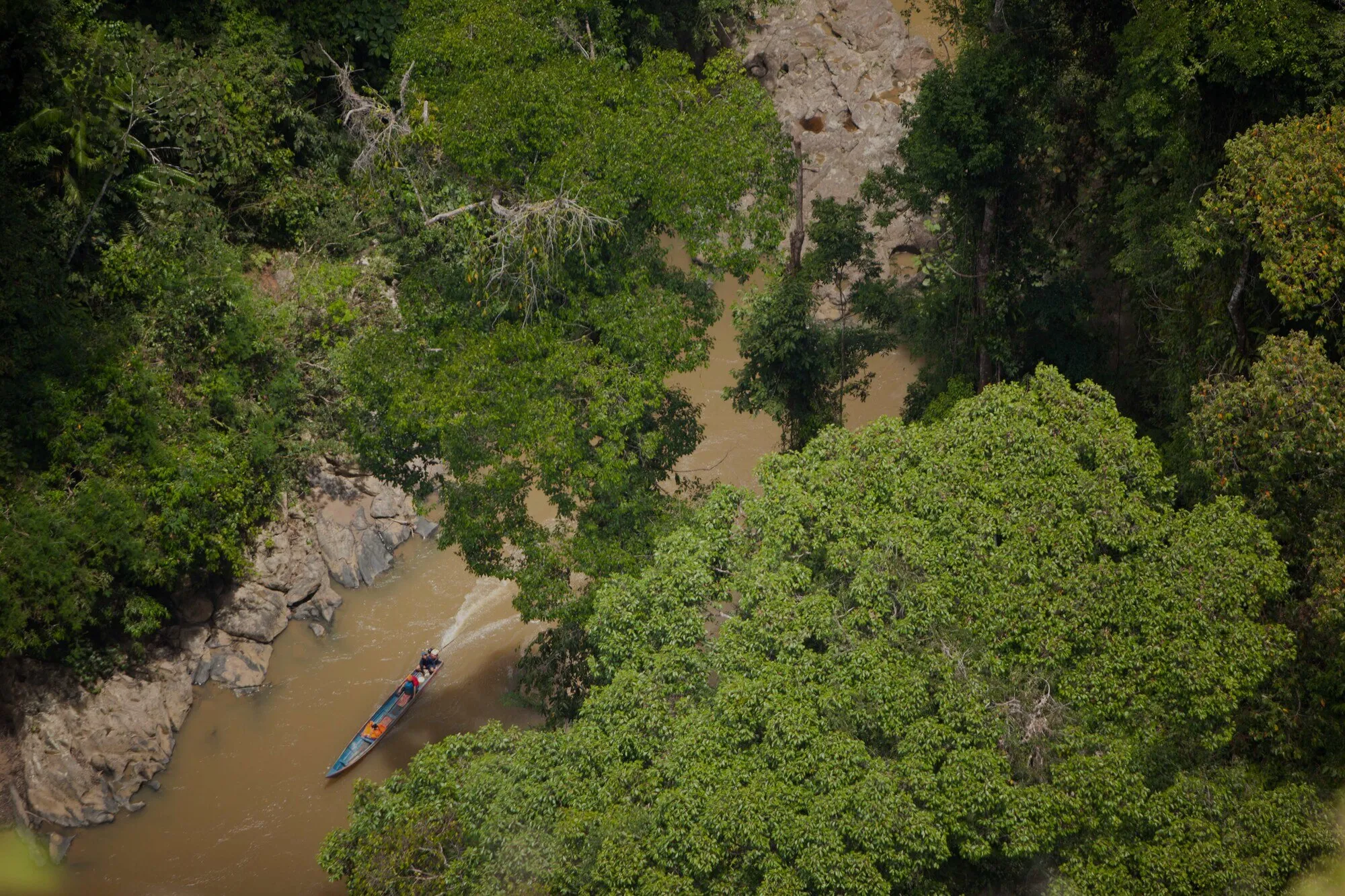 Aerial view of a longboat navigating the Sapulot River through rainforest