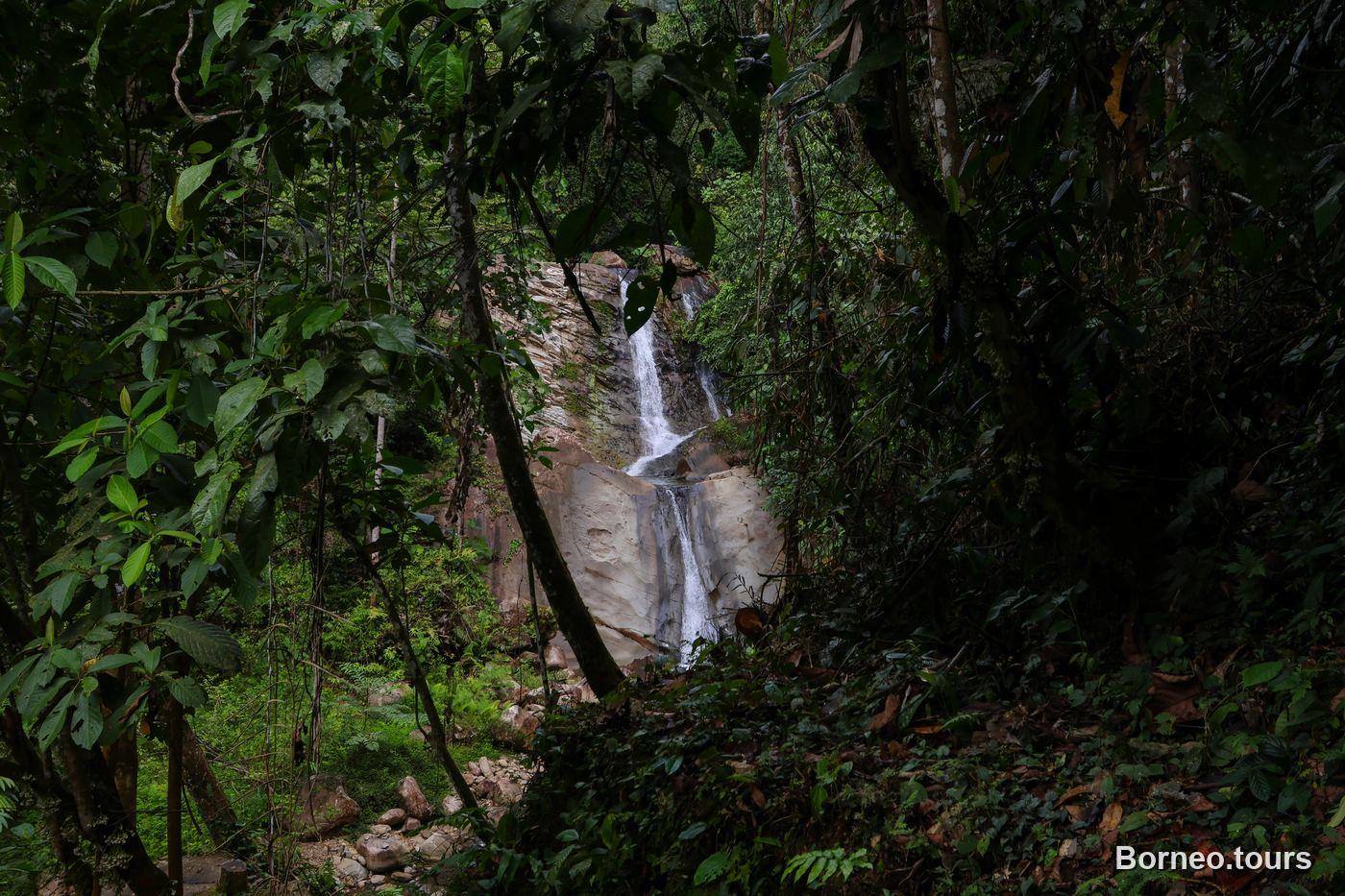 A jungle waterfall cascading through primary rainforest in the Sapulot interior of Sabah, Borneo